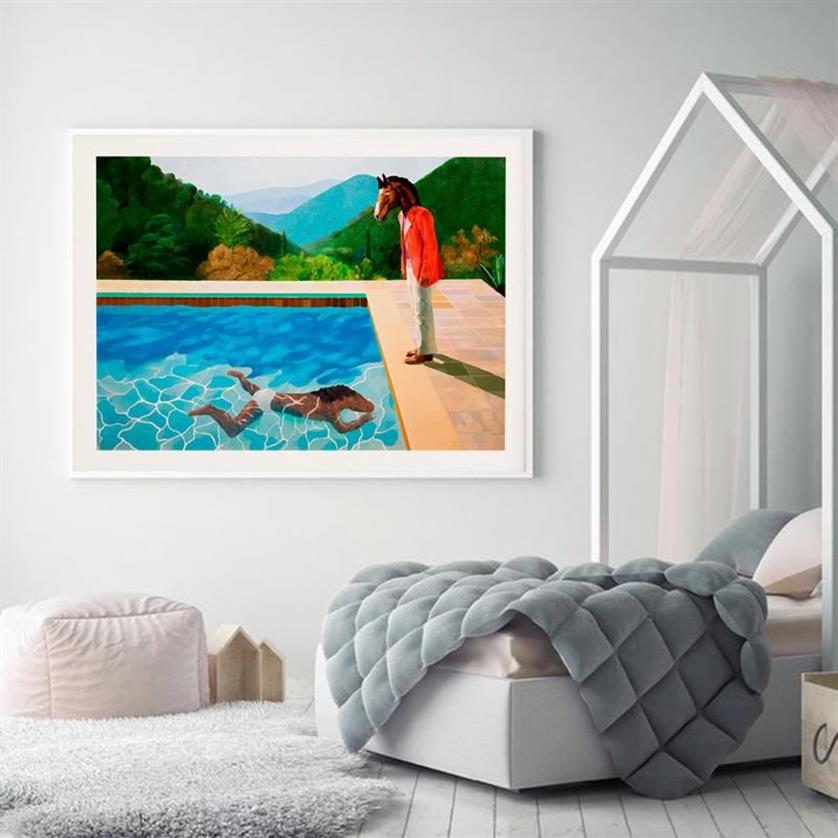 Paintings Bojack Print Poster David Hockney Inspired Two Horses Swimming Pool Canvas Painting Mural Art Cartoon Picture Living Roo230Z