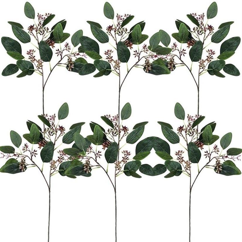 6 pçs falso semeado eucalipto spray vegetação folha artificial verde primavera hastes para arranjos florais250q