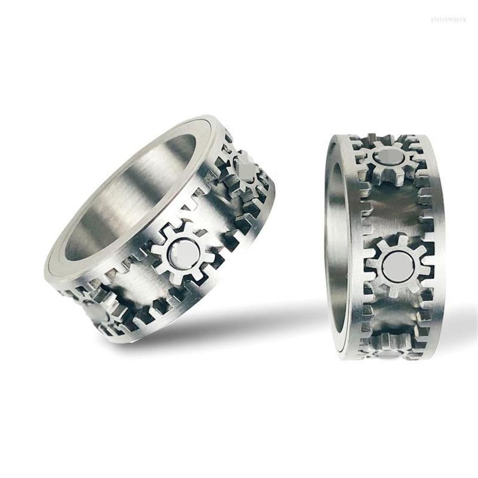 Cluster Rings Stainless Steel Gear Ring For Men Women Silver Color Double Layer Rotatable Bridal Sets Fashion HipHop Jewelry Acces217w