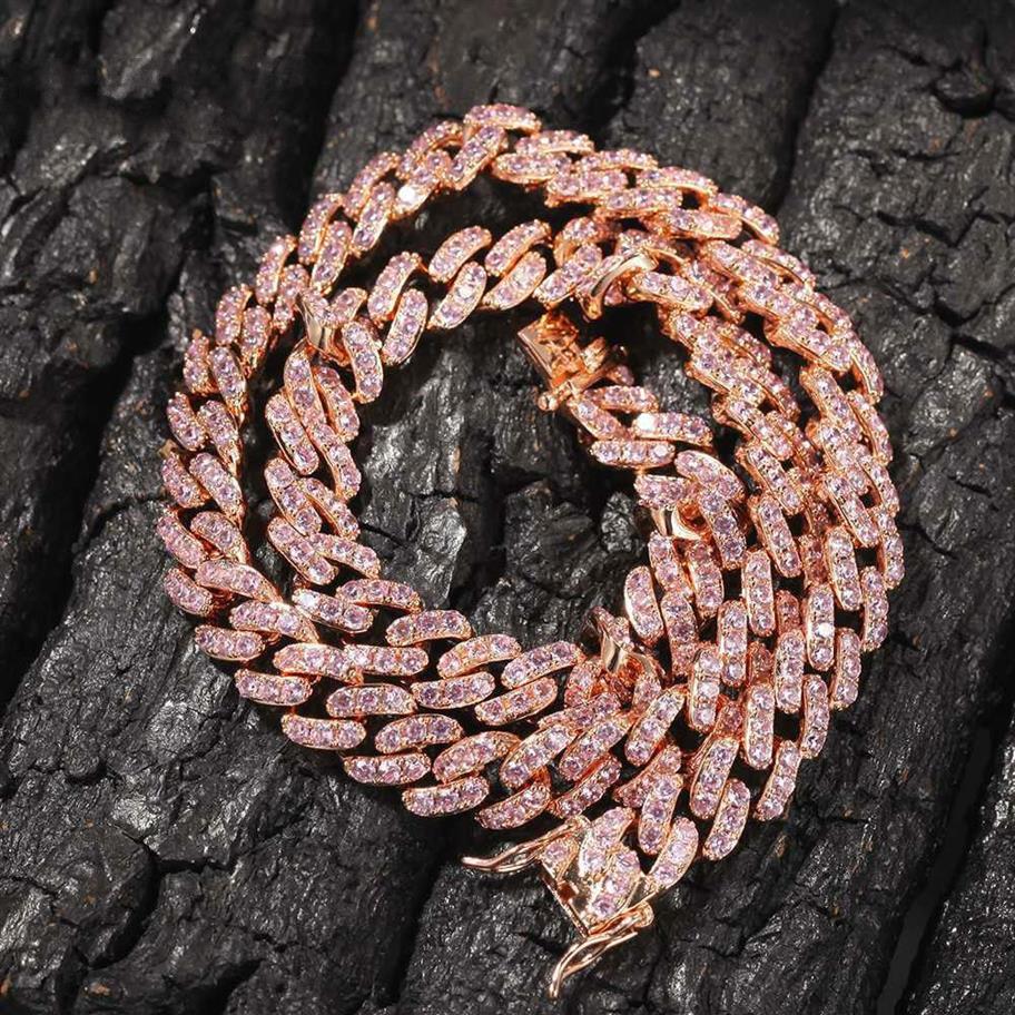 9mm Iced Out Women Choker Necklace Rose Gold Metal Cuban Link Full With Pink Cubic Zirconia Stones Chain Jewelry268Z