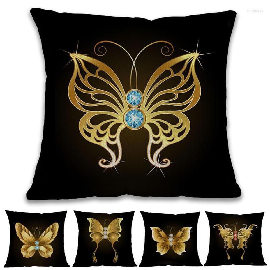 Kudde svart bakgrund diamant och gyllene fjärilar mönster linne kast fall hem soffa rum dekorativ täckning 45x45cm2869