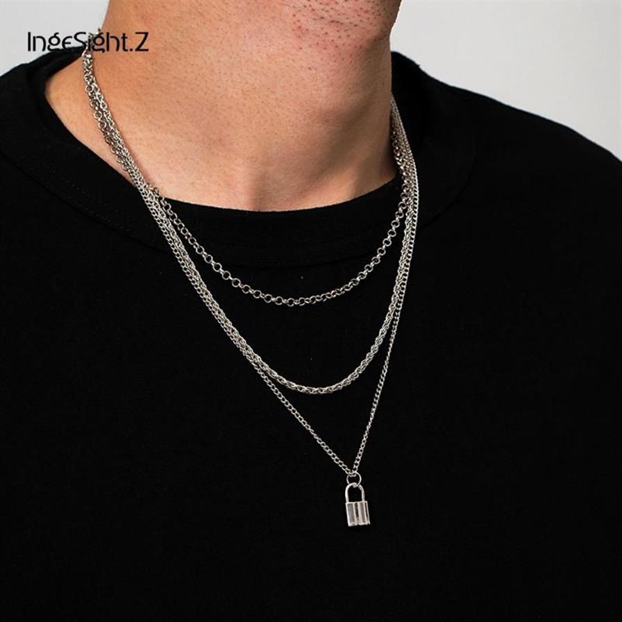 Ingesight z gotisk flerskiktad silverfärg Link Chain Choker halsband krage för kvinnor män hänglås hänge halsband smycken225e