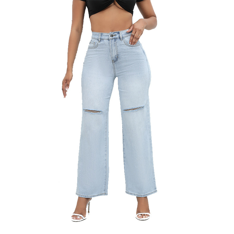 Frauen Casual Jeans Flare Hosen Knie Löcher Vintage Mittlere Taille Fit Weibliche Gerade Hosen Hohe Qualität Kostenloser Versand