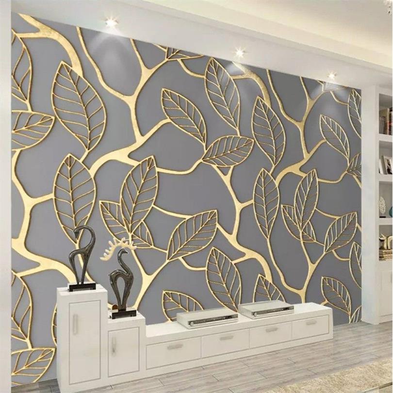 Niestandardowe po tapeta malowidła ścienne 3D stereoskopowe złote liście liście kreatywne sztuka salon telewizja tło tło papiery ścienne dekoracje domu253s