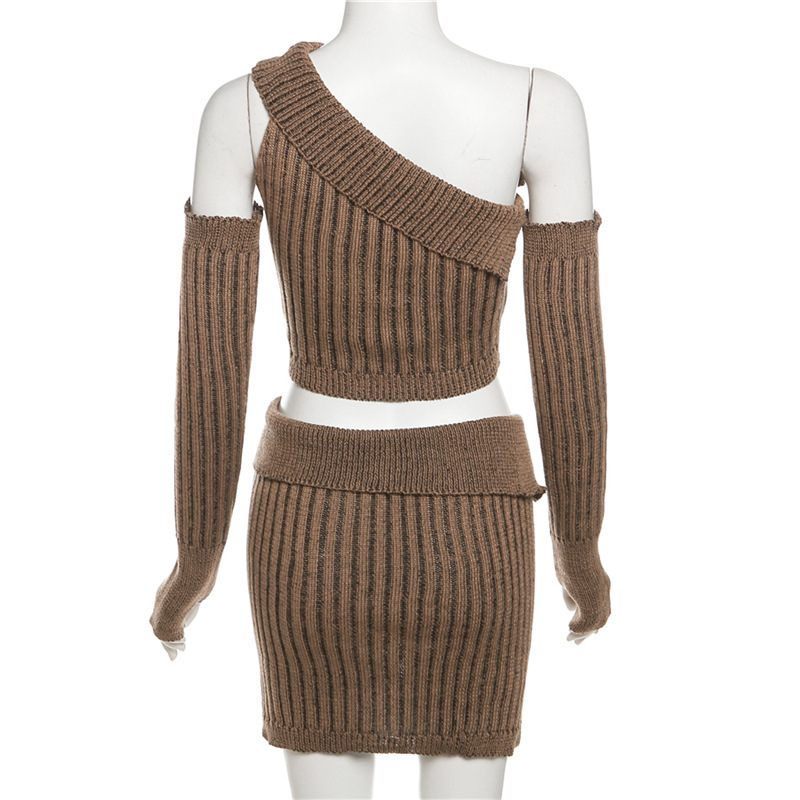 Designer Knitting Dress Sets WomenTwo Piece Set Sexy Inclined Shoulder Crop Top and Bodycon Mini Skirt Knitted Dress Suits Bulk Wholesale Clothing 10394