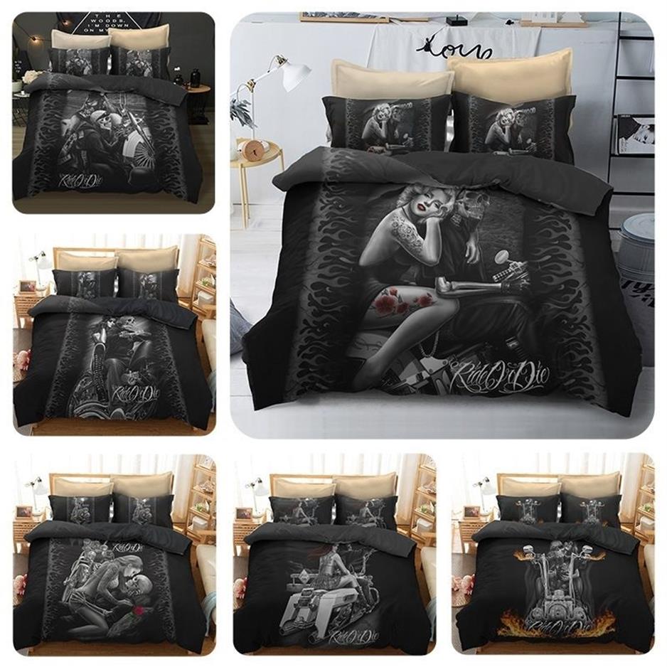 3D Vrouwen En Schedel Beddengoed Sets Suiker Schedel En Motorfiets Dekbedovertrek Bed Cool Skull Print Zwart Beddengoed Bedline Y2004172313