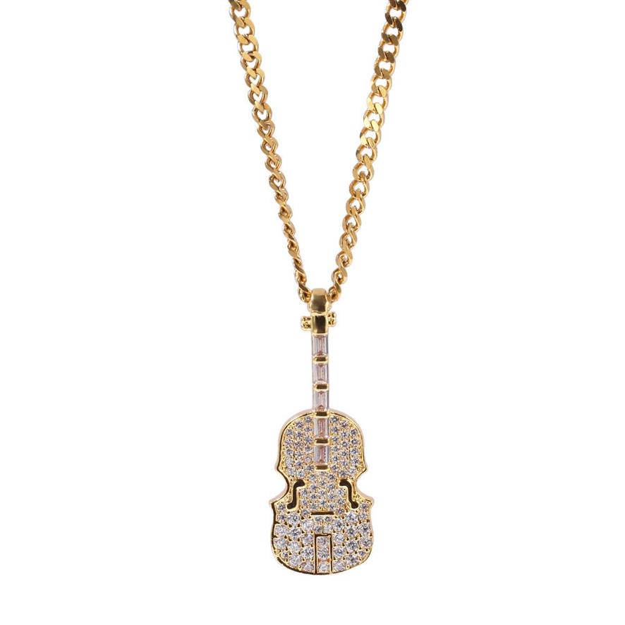 Hip Hop Bijoux La Forme De Violon Clair T CZ Zircons Pendentif Collier Plaqué Or avec Chaîne pour Hommes Femmes Joli Amant Cadeau Rappeur J173J