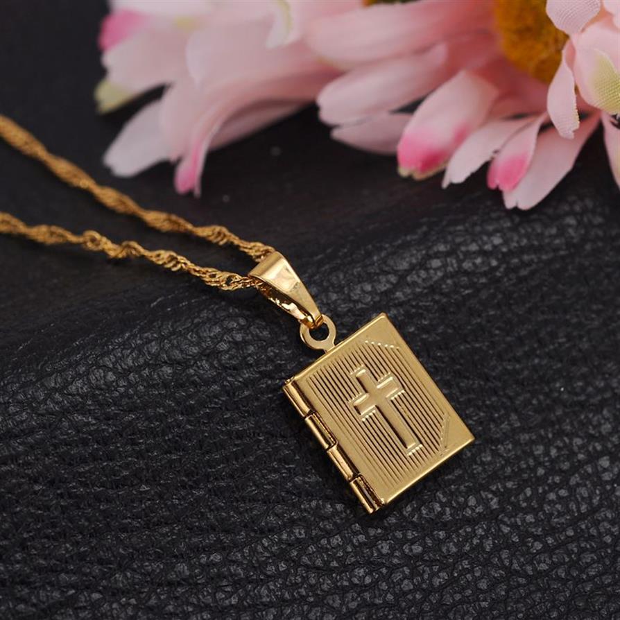 Bible 18k Yellow Gold GF Box Open Pendant Necklace Chains Crosses Jewelry Christianity Catholicism Crucifix Religious2090