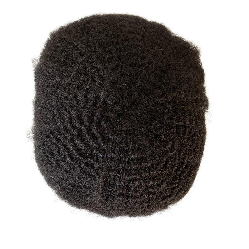 Peruca afro ondulada de 6mm # 1b, cor preta, substituição de cabelo humano, unidade completa de renda para homens negros