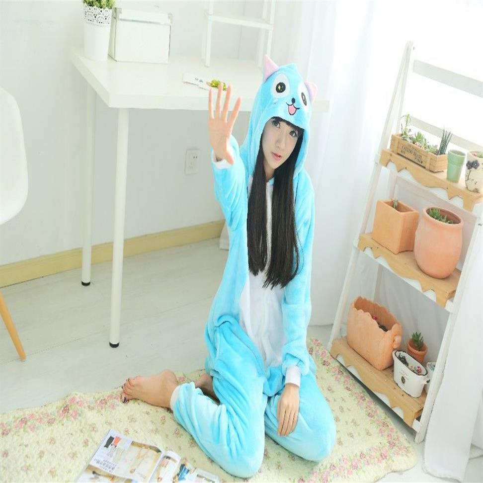 Flanel Anime Peri Kuyruk Mutlu Kedi Onesie Yetişkin Çocuklar Karikatür Cosplay Kostüm Kadınlar Pijamalar Yetişkin Mavi Kedi Onesies Sulma274r