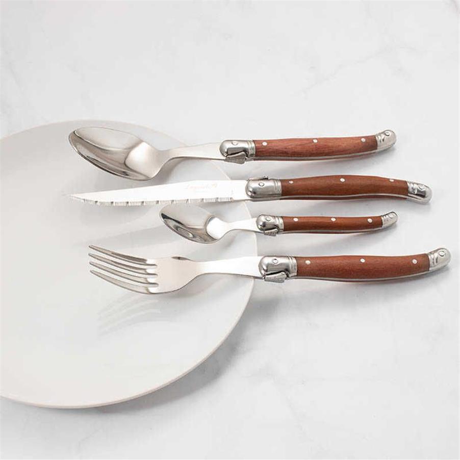 Laguiole Cutlery Set Wood Handle Tabellery Rostfritt stål Stek Knivar Trä japanskt servis kök Accessoreis X0303J