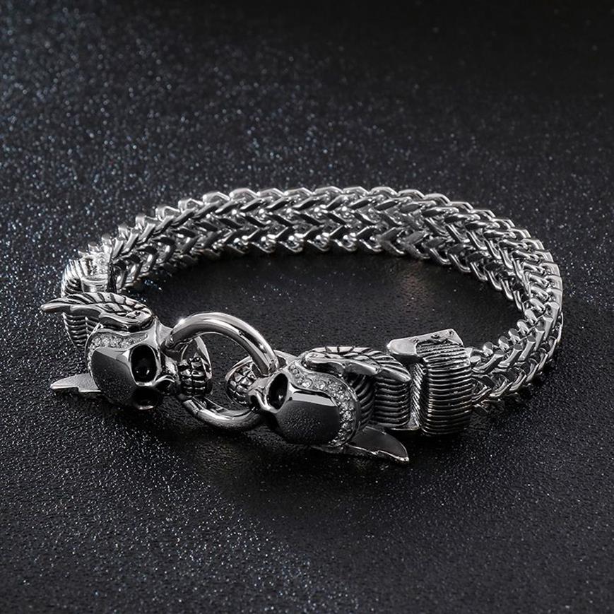 Presentes de Natal Cristais 316L fundição de aço inoxidável Figaro link Chain bracelet duplo Skull End bangle bracelet mens boy jóias silv228n