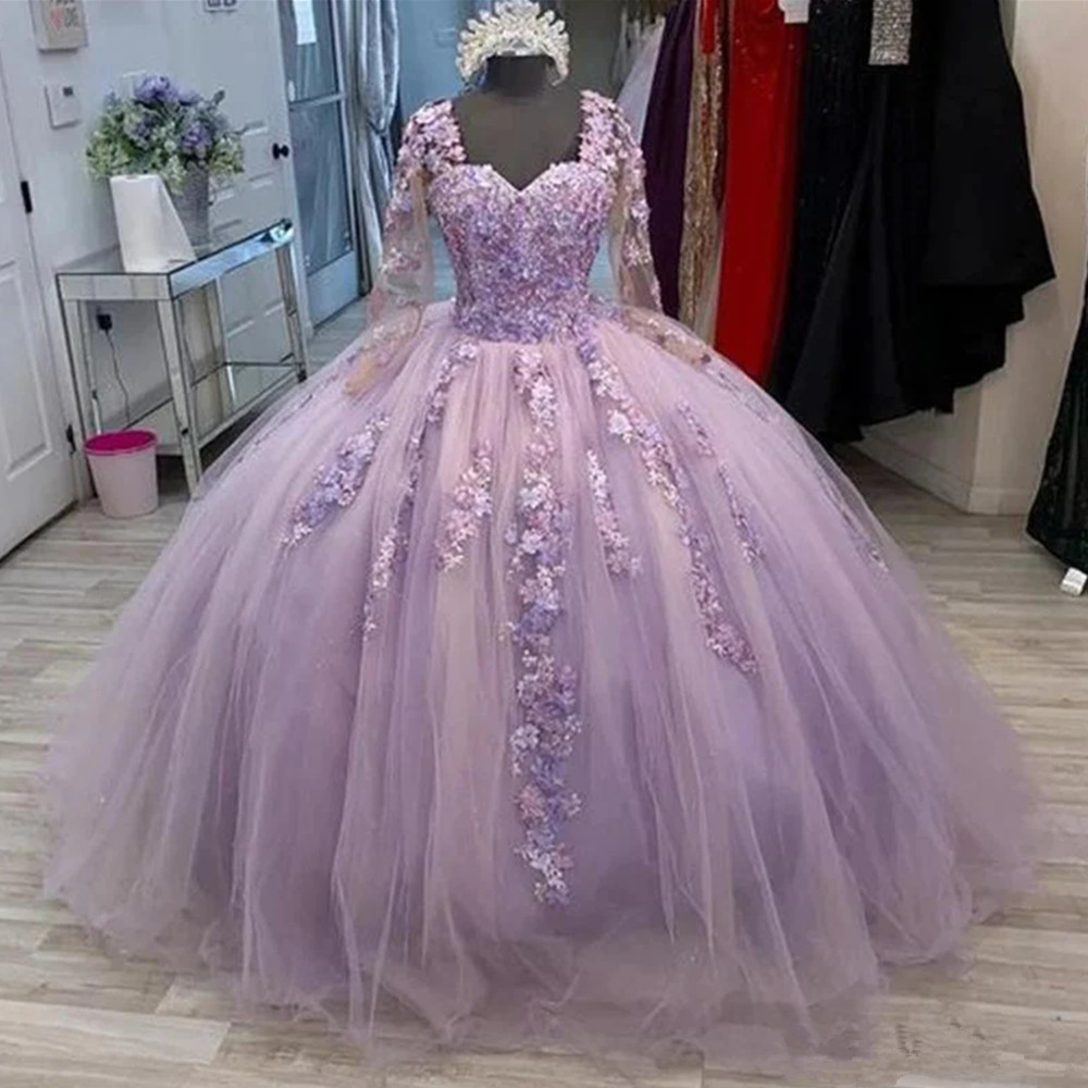 Light Purple Beaded Pearls 3D Flowers Hight Long Sleeves Quinceanera Dresses 2023 Ball Gown Sweet Sixteen Dress Prom Party Gowns YD