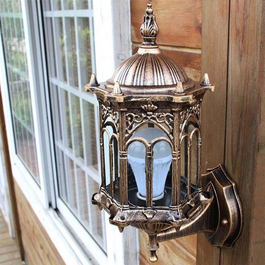 Luminária de parede externa antiga, lanterna de vidro de alumínio, lâmpada de jardim ao ar livre Y200109289J