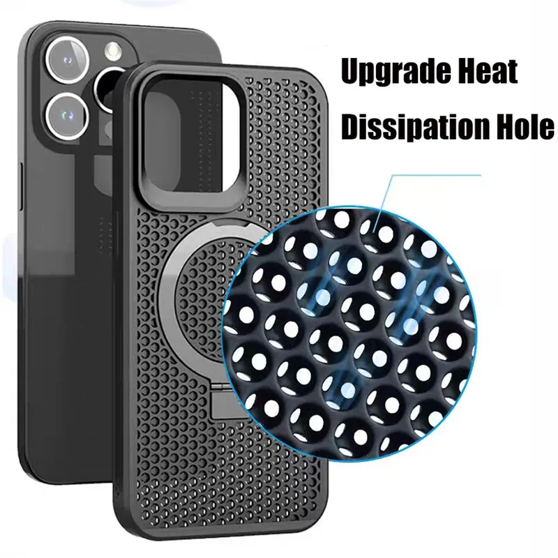 Upgrade Warmteafvoer Mesh Beugel Telefoonhoesje Voor iPhone 15 14 Pro 11 13 12 Pro Max Magnetisch Draadloos Opladen Stand Case Slim Hard PC Aluminium Cover