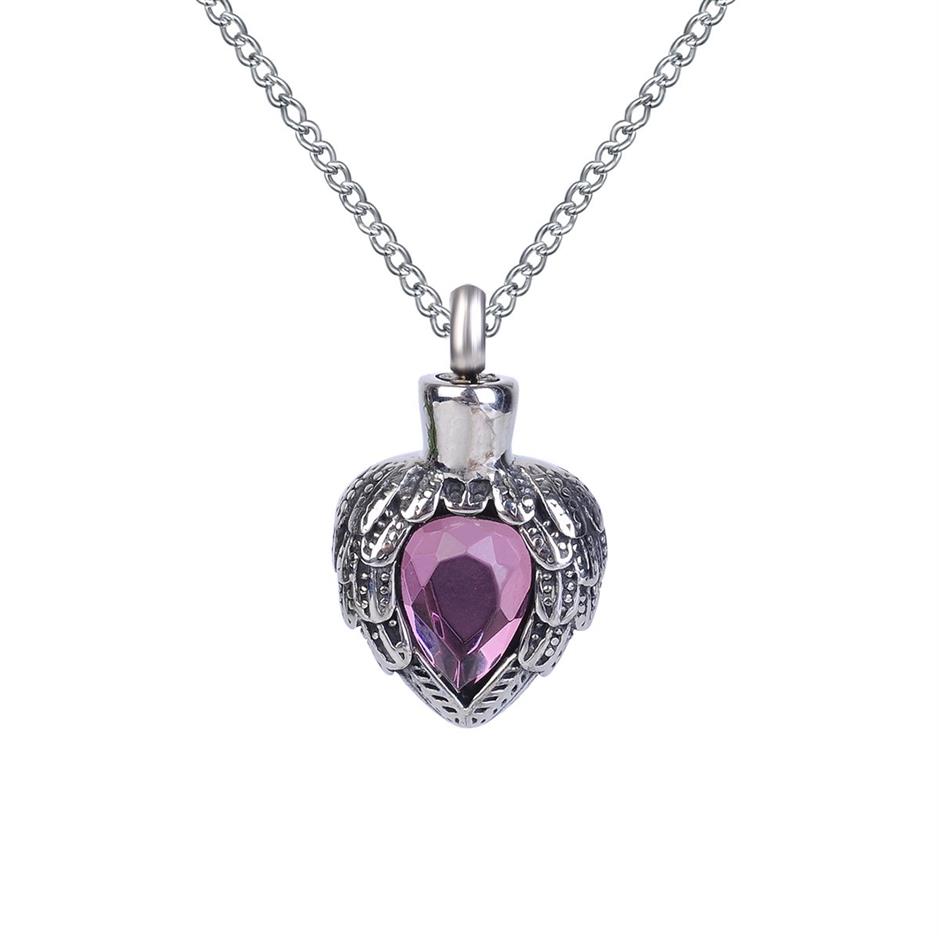 Collier d'urne violet avec pierre de naissance, pendentif en forme d'aile et de cœur, souvenir de cendres commémoratives, bijoux de crémation en acier inoxydable avec sac cadeau et chaîne 302f