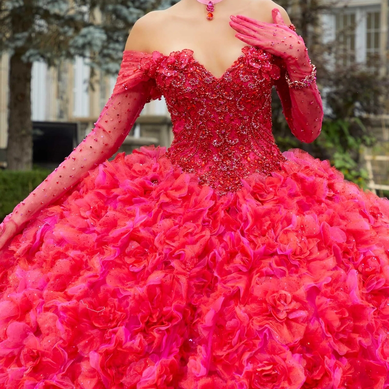 Red Shiny Princess Ball Gown Quinceanera klänning från axeln långärmad pärlspets tull tiered festklänningar vestidos de 15 anos