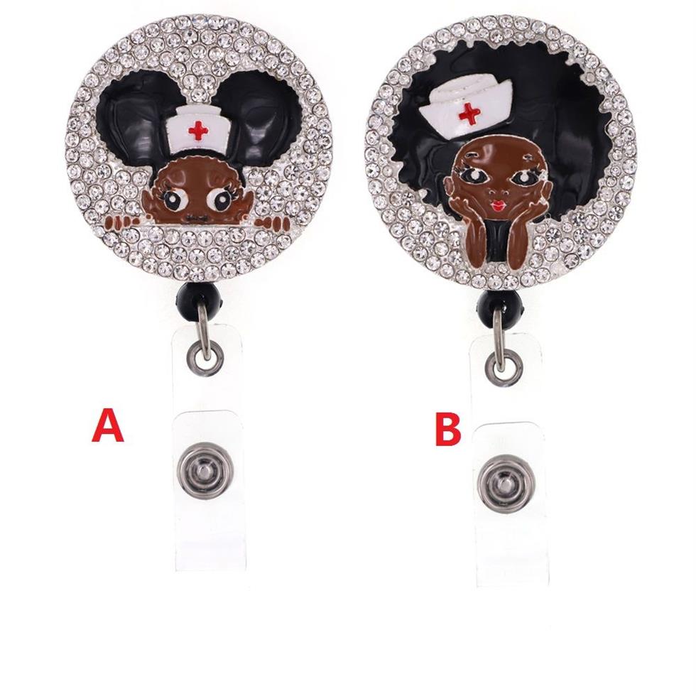 Porte-clés de style le plus récent Black Girl strass titulaire d'identification rétractable pour accessoires de nom d'infirmière bobine de badge avec clip alligator2504