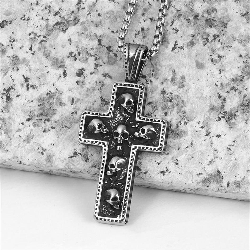 Collares colgantes Drop Cool Mens Acero inoxidable Cruz Collar Cráneo Retro Gótico Punk Estilo Monstruo Joyería GiftPendant311v