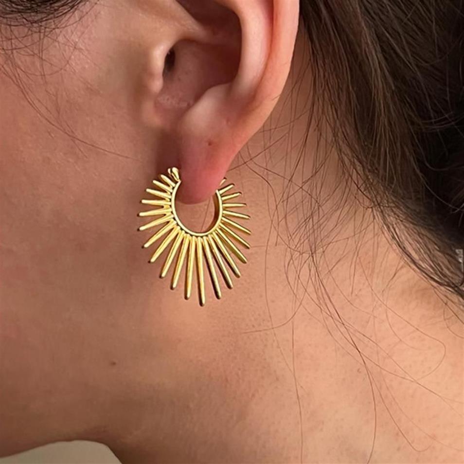 Boucles d'oreilles cerceau Huggie Spike Sun pour femmes, ligne dorée géométrique Unique, Cool, bijoux Streetwear JewelryHoop279M