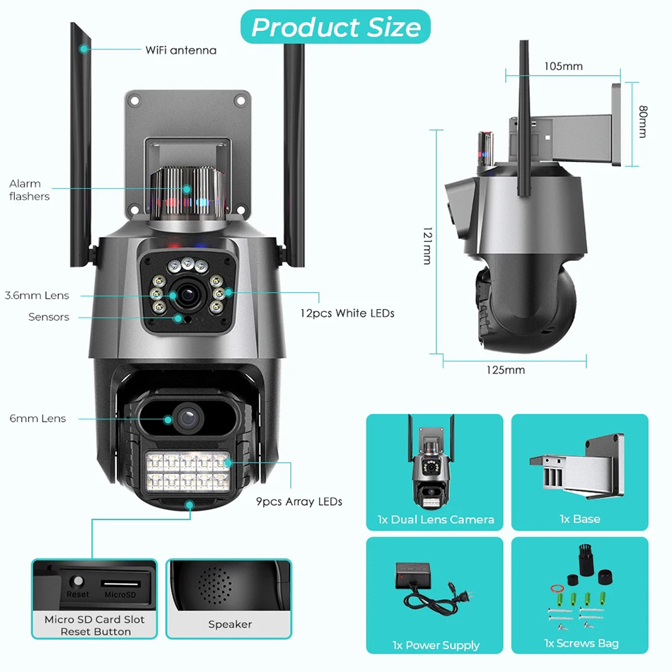 4K IP 카메라 실외 WiFi PTZ 듀얼 렌즈 CCTV 듀얼 화면 자동 추적 방수 보안 비디오 감시 경찰 경보 경보 IP 카메라