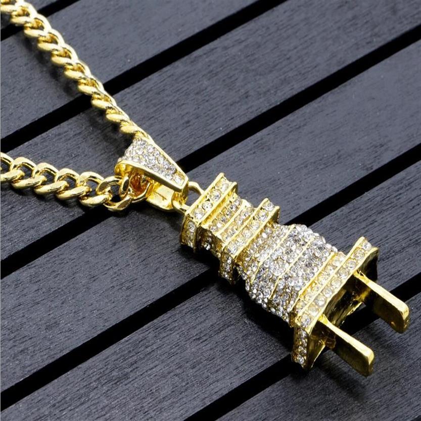 24K gold plated Iced Out Bling Men's Plug Pendant Necklace Plated Charm Micro Pave Full Rhinestone Cuban Chain Hip Hop Jewelr251O