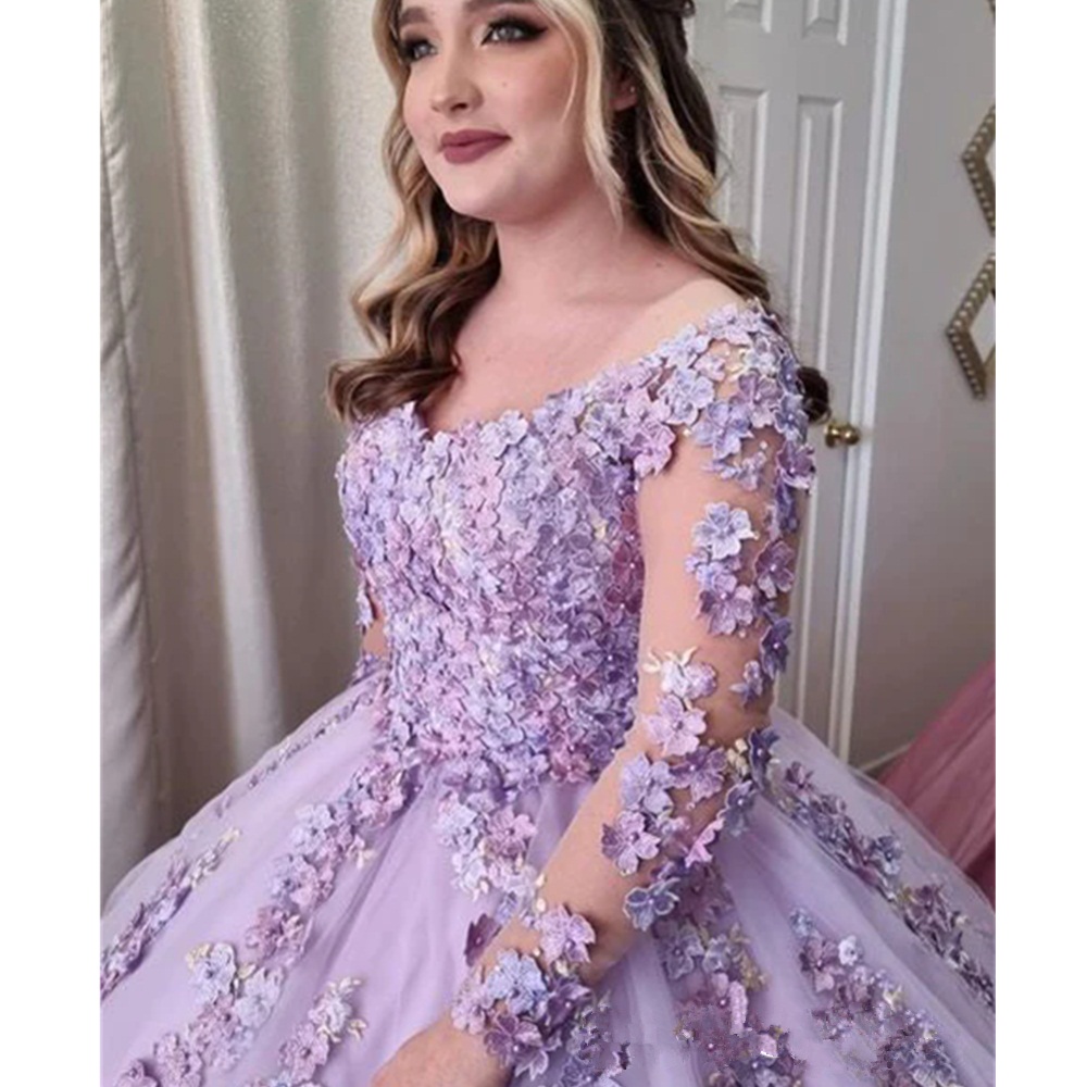 Light Purple Beaded Pearls 3D Flowers Hight Long Sleeves Quinceanera Dresses 2023 Ball Gown Sweet Sixteen Dress Prom Party Gowns YD