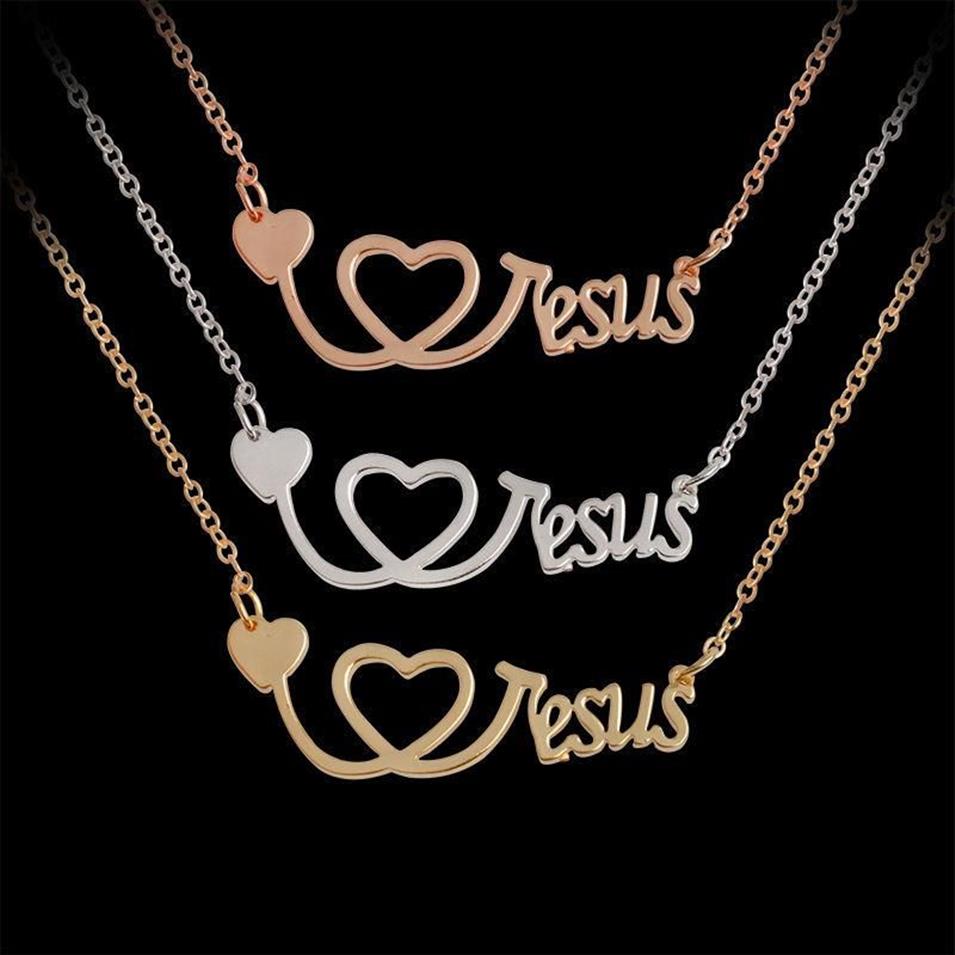 İsa Kolye SEVİYORUM Gümüş Gül Altın Kalp Stetoskop Kolye Kadınlar İçin Moda Takılar İnanıyor Erkek Takı Hediyesi199s