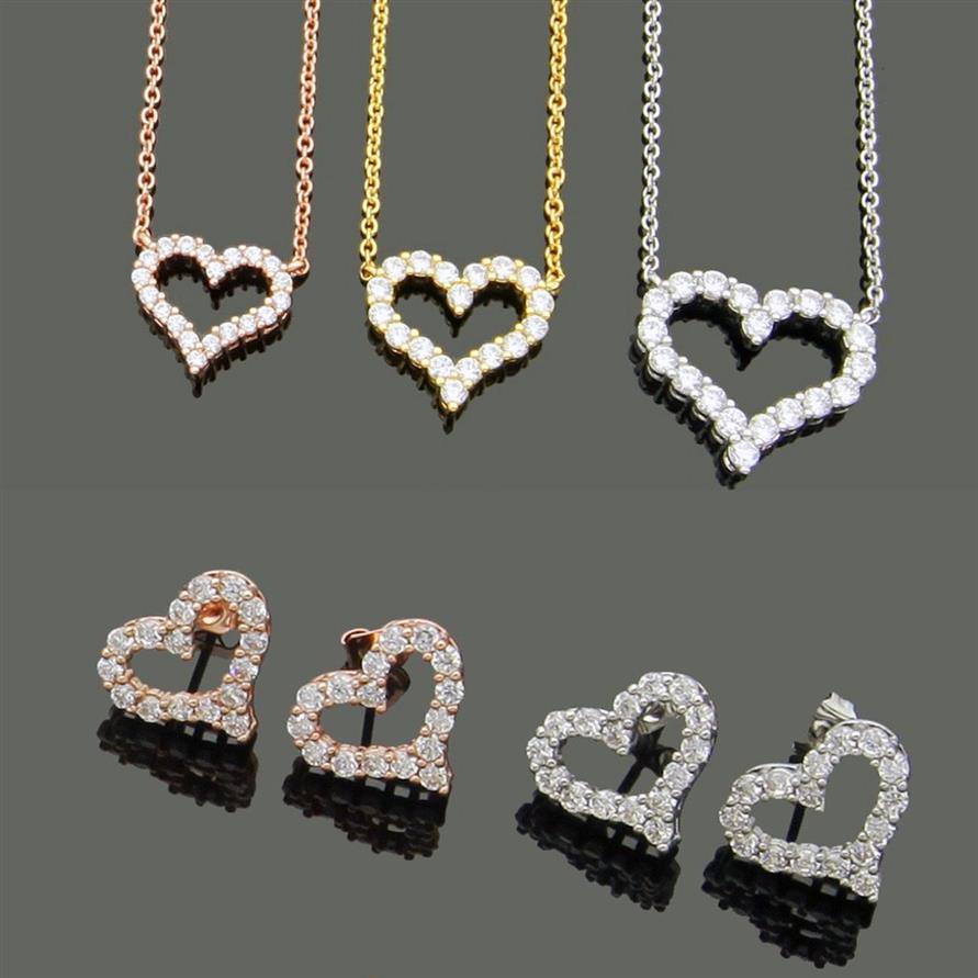 Designer Jewelry Women Diamond Heart Pendant Necklaces Rose gold Earrings Suits Never Fading Stainless Steel Silver Golde324R