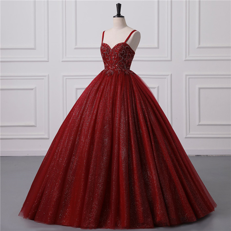 Glänzendes burgunderrotes Ballkleid Quinceanera-Kleider, sexy Spaghettiträger, rückenfreie Pailletten, Applikationen und Abendkleider für Teenager, BM3505