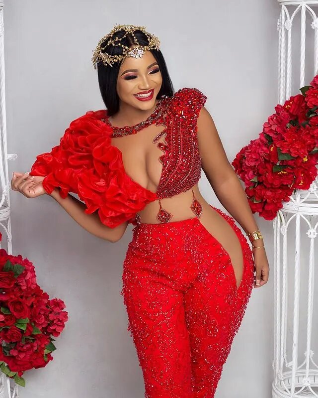 Aso Ebi Jumpsuit With Wrap Red Prom Dresses Crystals Pant Suit Ruffle Party Second Reception Gowns Plus Size Evening Dress