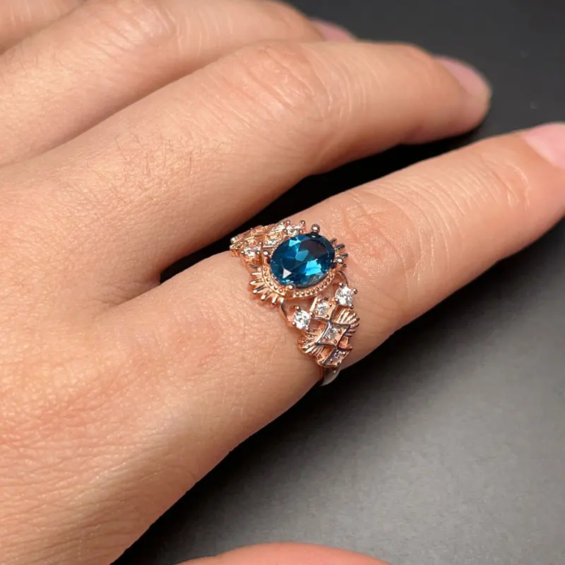 Deep Blue Topaz 925 파티를위한 실버 링 6mmx8mm VVS 등급 1CT 자연 토프 링 3 레이어 18K 골드 도금 실버 보석