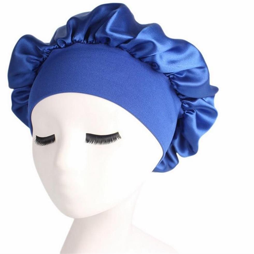 1 2 5 58cm Bonnets de douche de couleur unie Soins des cheveux longs Femmes Satin Bonnet Cap Nuit Sommeil Chapeau Soie Head Wrap Ajuster Shower Caps228p