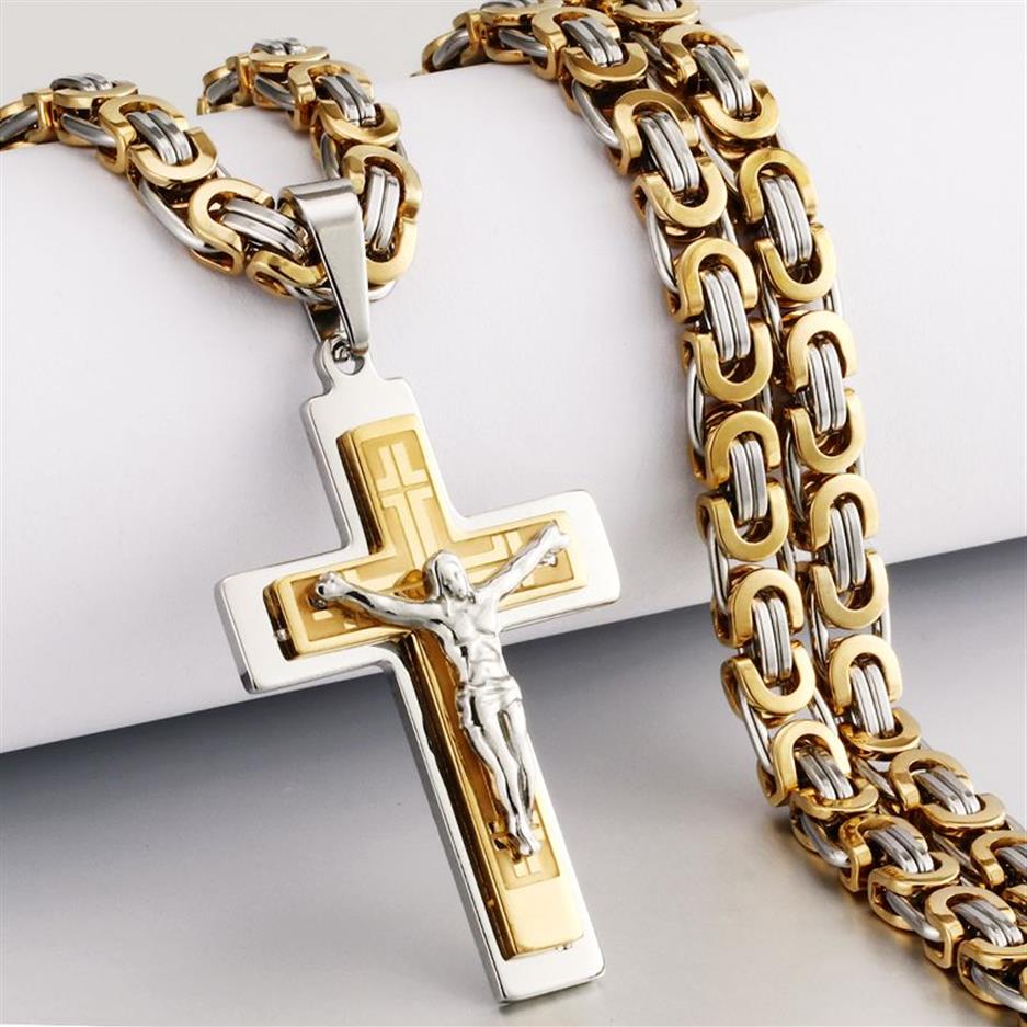 Hombres religiosos Crucifijo de acero inoxidable Cruz colgante collar pesado cadena bizantina collares Jesucristo joyería santa regalos Q1122279