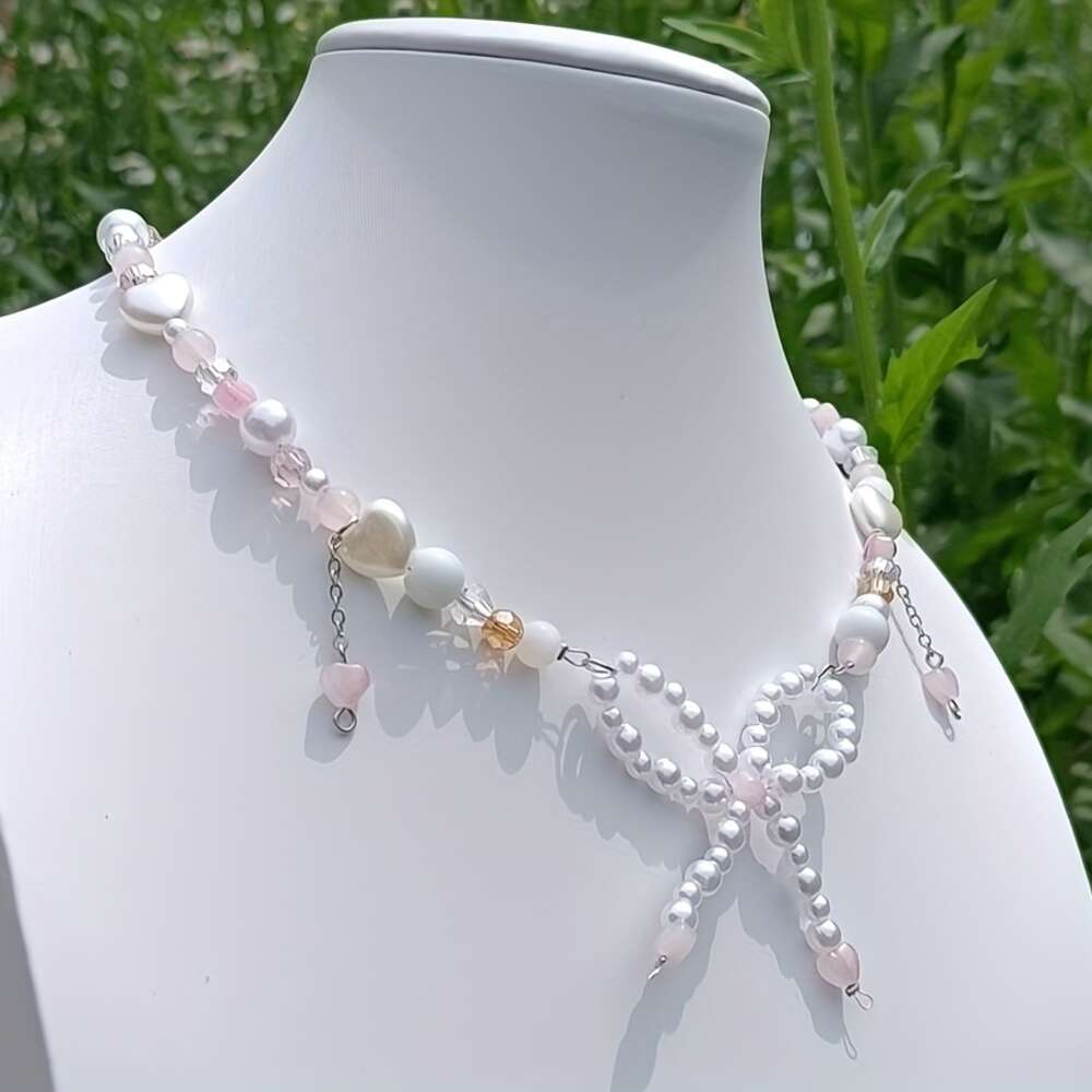 Pink Y2K Baby Adjustable Bow Choker Glass Beaded Necklace for Girls