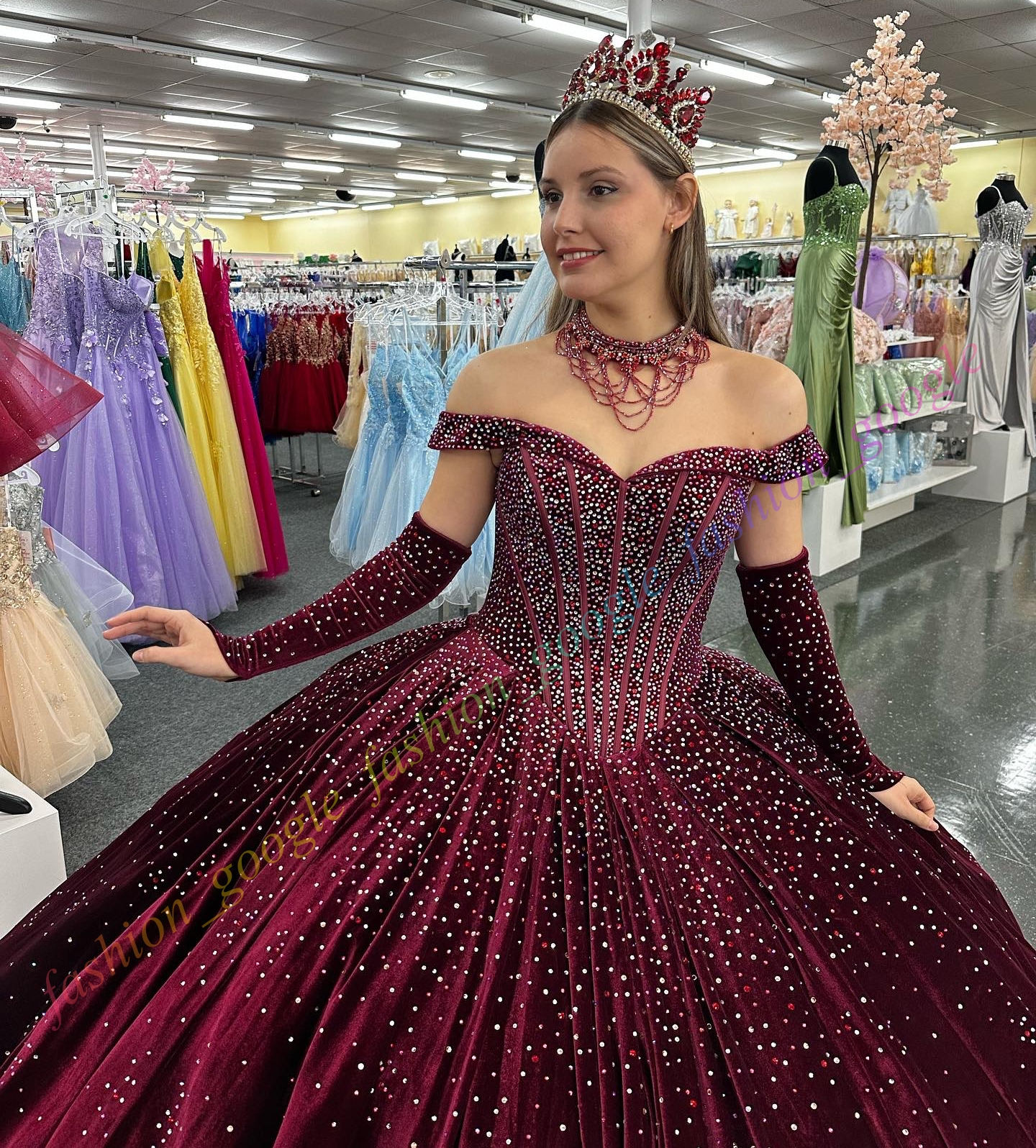 Off-Shoulder Velvet Quinceanera Dress Sparkling Stone Ball Mexican Quince Sweet 15/16 Birthday Party Gown for 15th Girl Drama Winter Formal Prom Gala Detached Sleeve