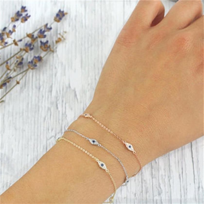 100% 925 Sterling Silver Söt härlig Blue White Cz Evil Eye Link Minimal Delicate Thin Chain Women Girl Bedårande armband190J