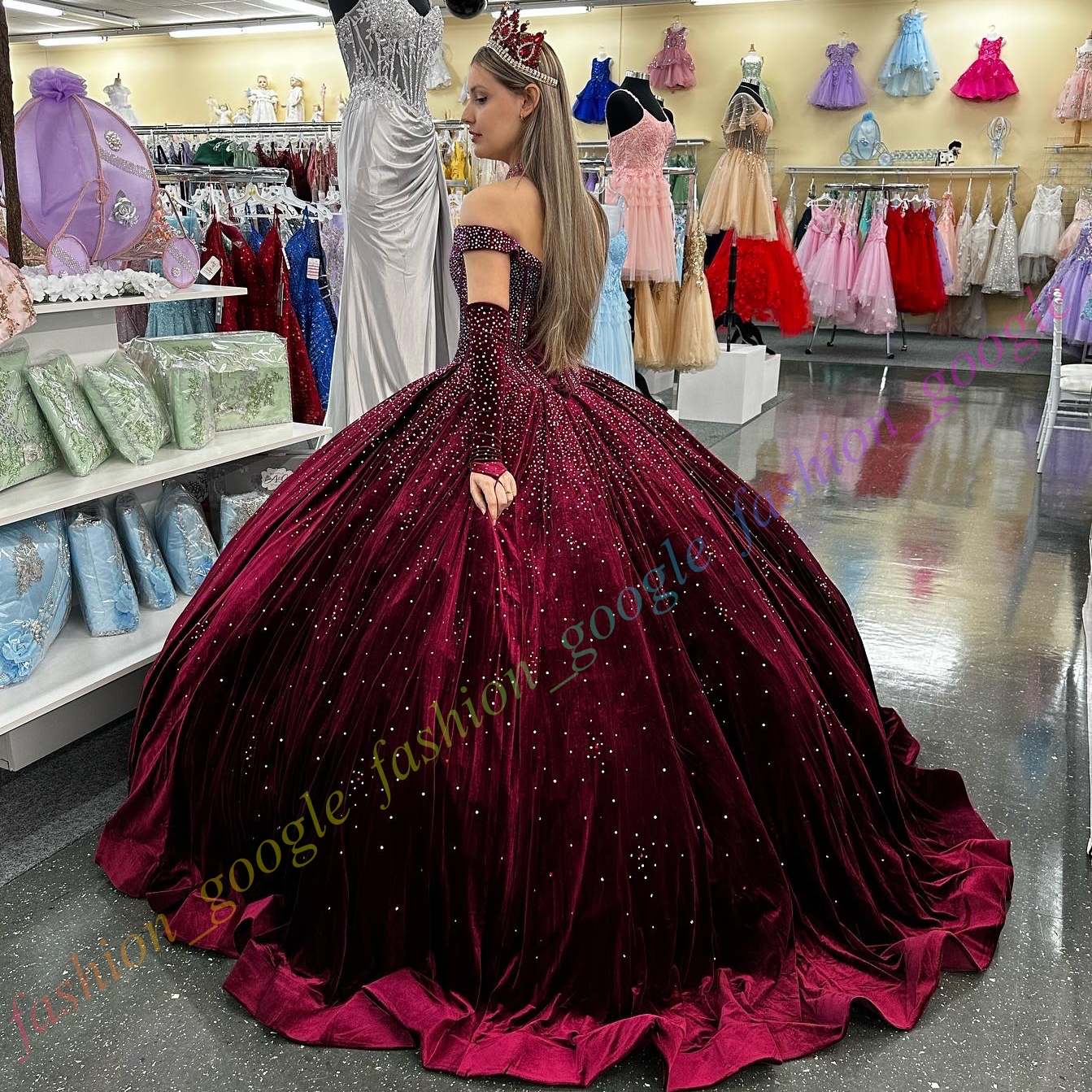 Off-Shoulder Velvet Quinceanera Dress Sparkling Stone Ball Mexican Quince Sweet 15/16 Birthday Party Gown for 15th Girl Drama Winter Formal Prom Gala Detached Sleeve