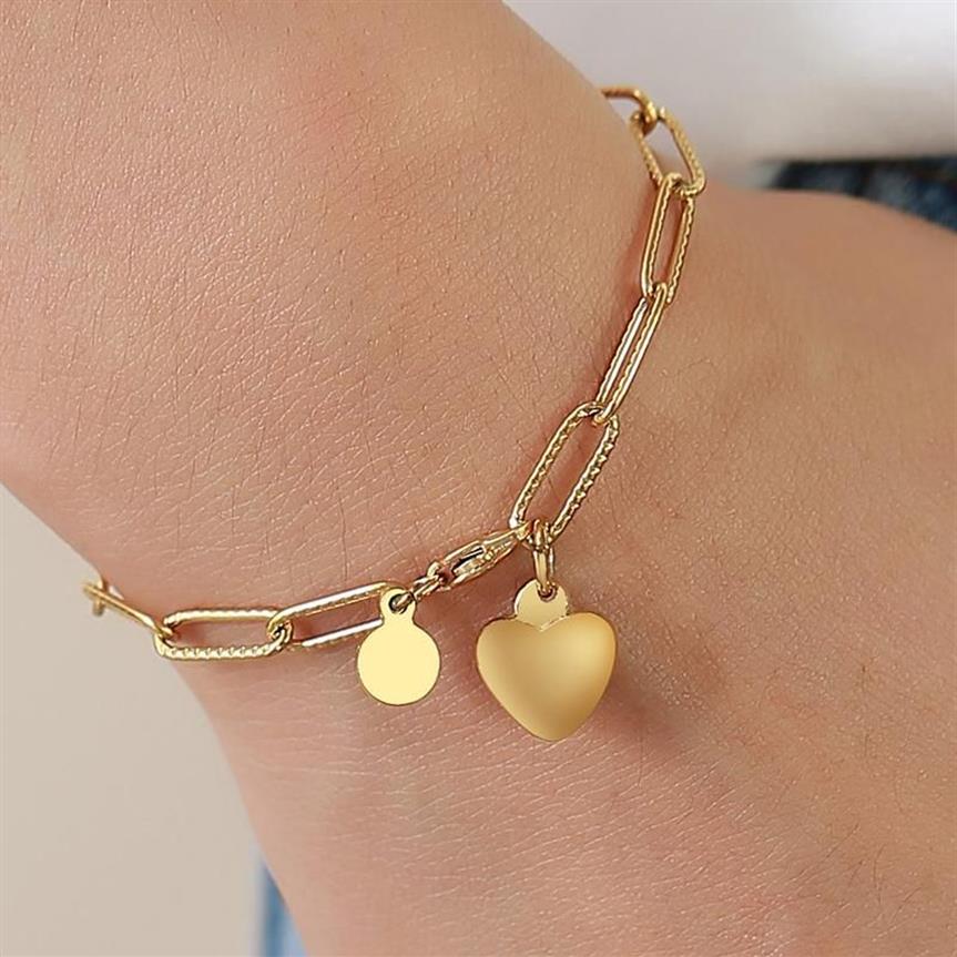 Cadena de eslabones pulsera de clip dorado para mujer rectángulo de acero inoxidable regalo para mamá y novia colgante de corazónLink324V