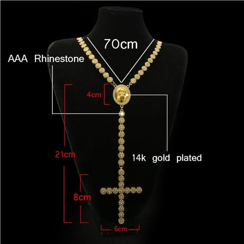 UWIN Iced Out Rosary Flower Necklace Link Bling Rhinestone Gold Cross Jesus Head Pendant Mens Hip hop Necklace Chain189C