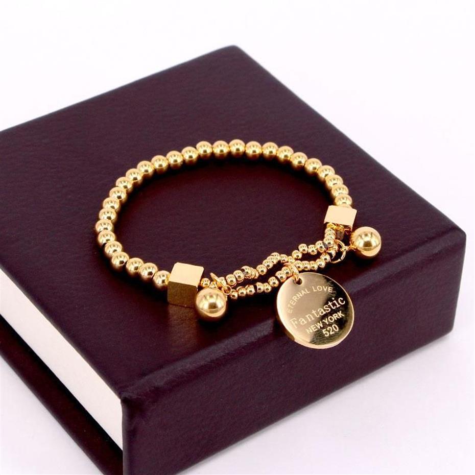 Bracelet de perles en acier inoxydable pour femmes, chaîne à maillons, étiquette circulaire, breloque, brin extensible, fantastique amour éternel York 273N