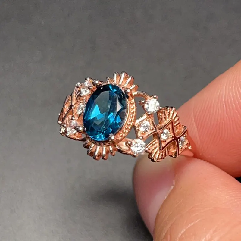 Deep Blue Topaz 925 파티를위한 실버 링 6mmx8mm VVS 등급 1CT 자연 토프 링 3 레이어 18K 골드 도금 실버 보석