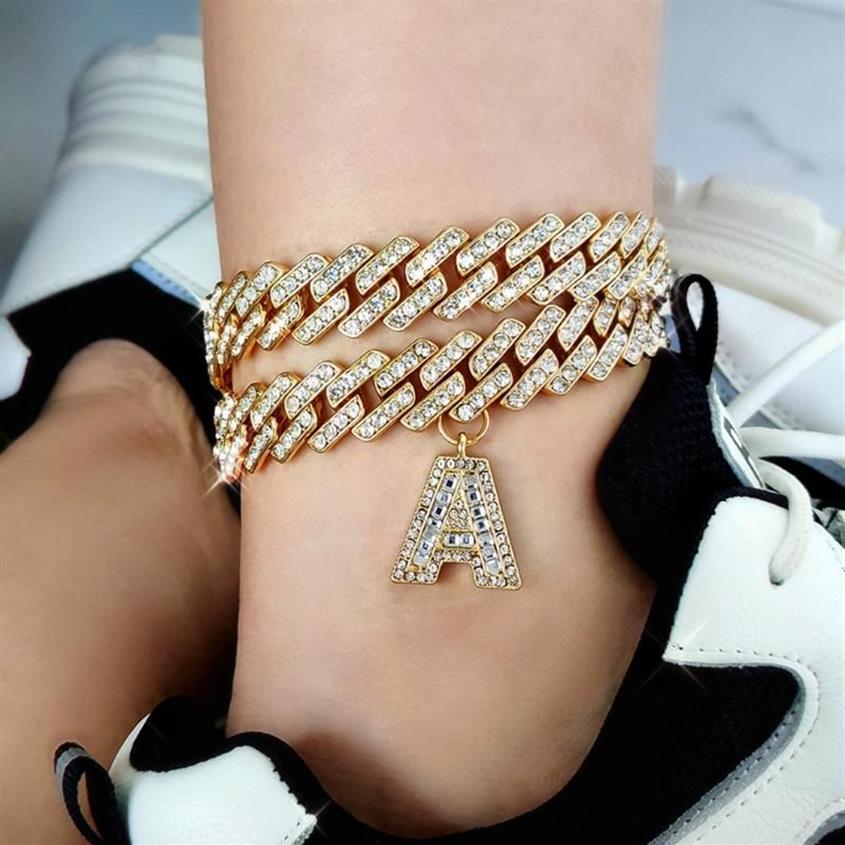 anklets mm diyゴールドレイヤード初期キューバリンクチェーン女性のためにアイスアウトアンクレアンクルアンクルブレスレットステンレス鋼ジュエルリリークレット273r