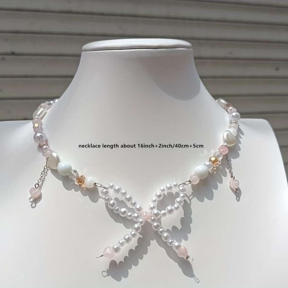 Pink Y2K Baby Adjustable Bow Choker Glass Beaded Necklace for Girls