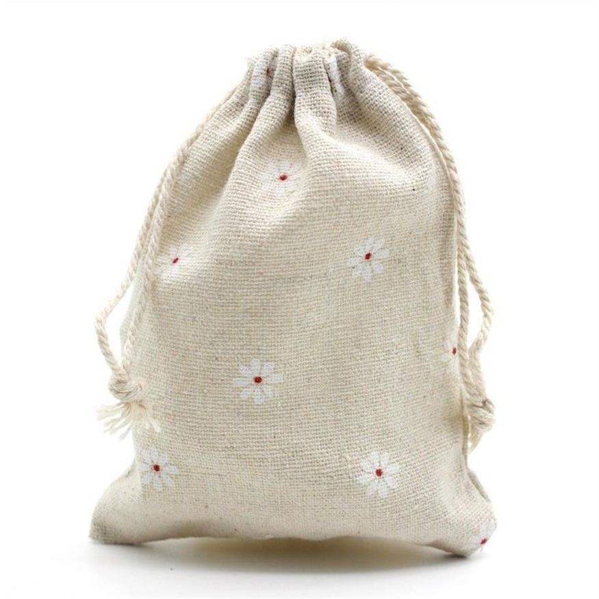 White Daisy Linen Presentväskor 9x12cm 10x15cm 13x17cm Pack med 50 Party Candy Favor Bag Holders Makeup Jewelry Drawstring Pouch261e