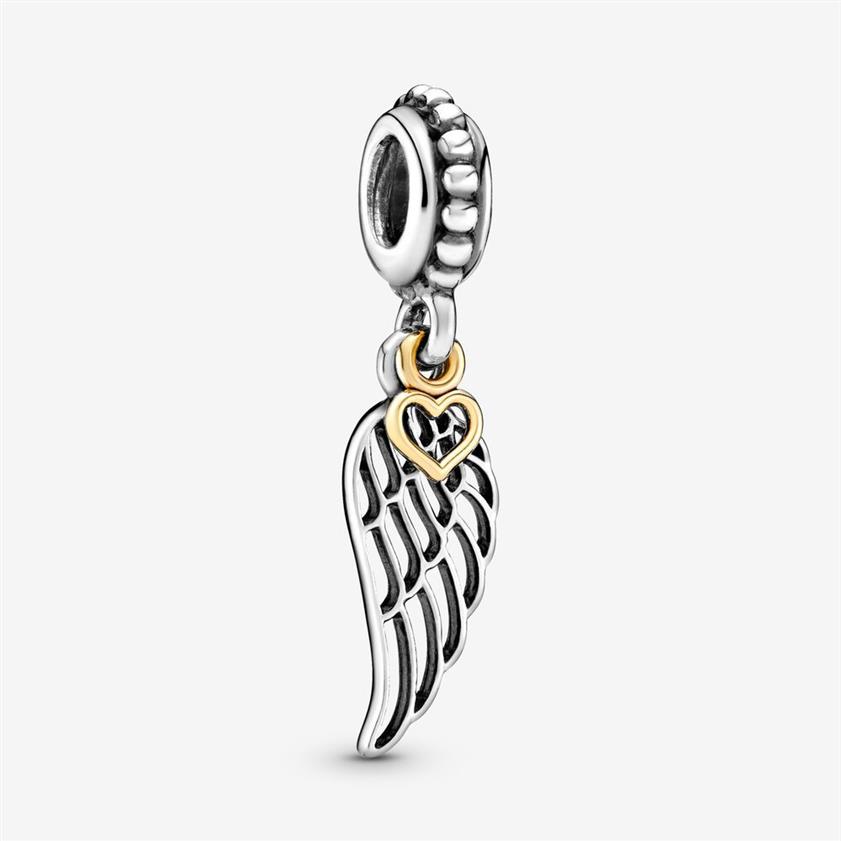 Nowy przylot 925 Sterling Silver Angel Wing and Heart Dangle Charm Fit Oryginalny europejski urok bransoletki mody Akcesoria 244a