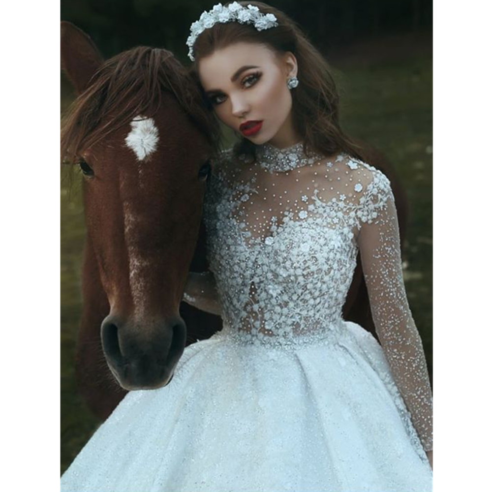 Sexy Women Wedding Dress White Lace Long Dress Deep High Neck Long Mesh Lace Sleeve A-line Pleated Floor-length Dresses YD