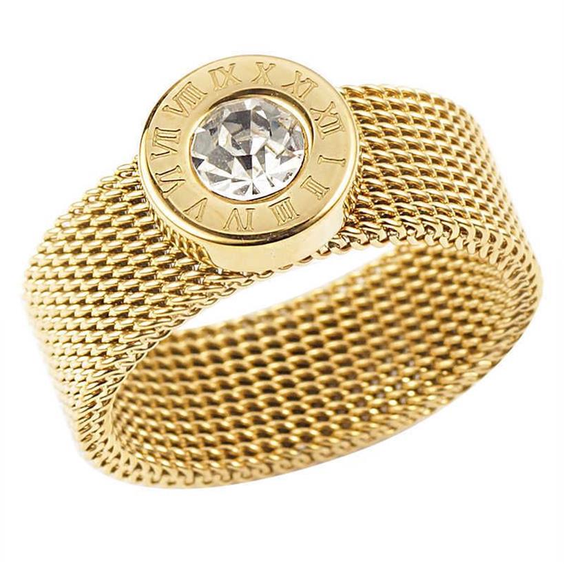 Anel de ouro de aço inoxidável grande redondo cristal malha dedo algarismos romanos para mulheres marca de moda masculina jóias291i