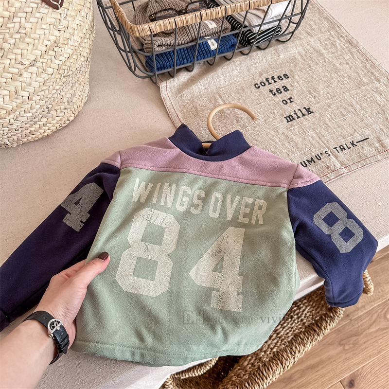 Fashion kids letter number printed sweatshirt boys girls patchwork color long sleeve pullover autumn winter children velvet warm bottoming shirt Z5825