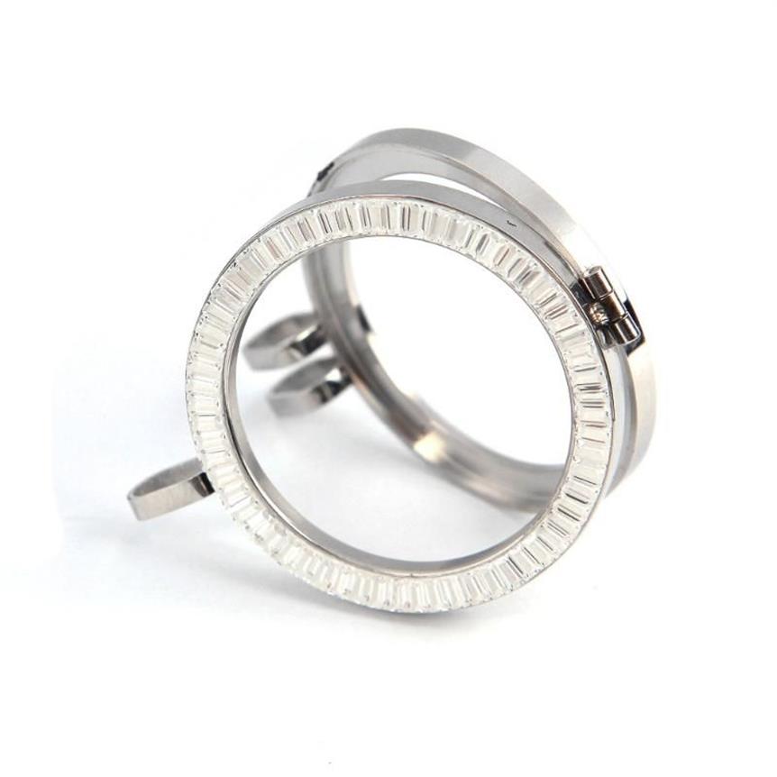 Hänghalsband vinnie design smycken hög kvalitet rostfritt stål 35 mm kristallram silverfärg öppen mynt locket 10 st lotpen259o